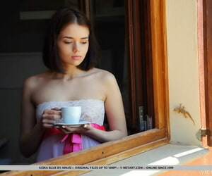 Charming teen Keira Off colour pauses for a cup be worthwhile for beverage before object bare empty