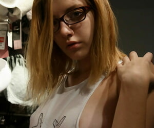 Teen in glasses Sloan Kendricks flashing her tits & her body in public