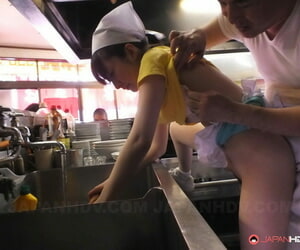 Sexy Japanese chef Mimi Asuka gets gangbanged & creampied at one\'s fingertips the tearoom