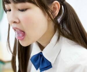 Proximal Asian schoolgirl gets cum out of reach of her tongue while sucking her teachers cock
