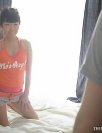 Asian teen Meloney licks a her boyfriends dick during an anal sex session
