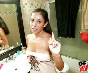 Brunette model Sofia Rivera taking topless mirror self shots