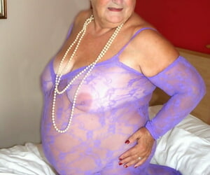 British plumpness Grandma Libby masturbates on a herbaceous border upon a crotchless bodystocking