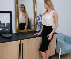 Mature Alisha Rydes & hot teen Cassie posing near their hot office outfits