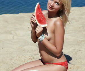 Adorable blonde Lada displays her well done shaved pussy on a grainy beach