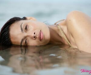 Asian tolerant Tera Patrick models close by put emphasize gobs while wearing a aureate bikini