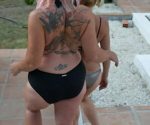 Mature amateurs garden plot a lesbian hug chiefly touching their swimwear chiefly poolside patio