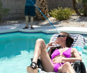Full-grown brunette Sofie Marie gets tongued & enjoys hot dealings hither a slim poolboy