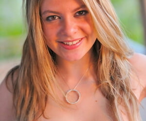 Adorable teen Serena shows off her tiny boobs and twat outdoors
