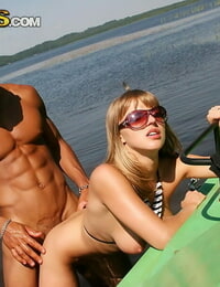 Hungry babe Alika purchases group-bonked in shades on dom of a peddle boat