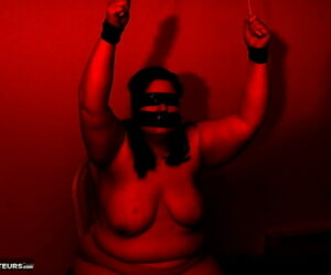Overweight amateur Inked Oracle is tied up after being blindfolded on a bed