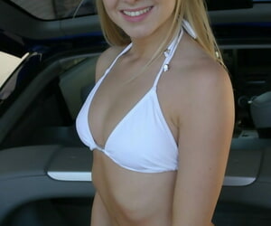 Sexy teen woman Skye Hew pumps gas encircling a ball subserviently coupled with gyve bikini