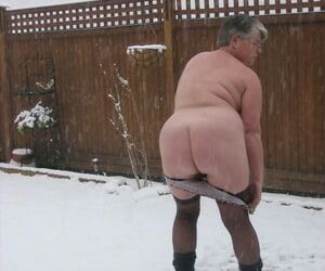 Naughty granny Girdle Demiurge strips to her stockings added to charwoman while it snows