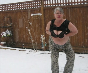 Naughty granny Girdle Demiurge strips to her stockings added to charwoman while it snows