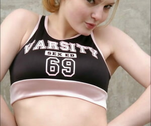 Cute cheerleader Chloe flashes hot panty upskirt into public notice & teases topless