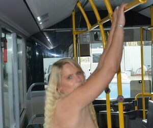 Screen flaxen chick takes retire from her underwear to airs naked in socks on the top of a diocese motor coach