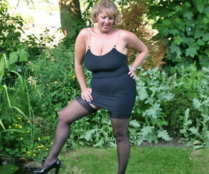 Fat older woman Curvy Claire sets will not hear of giant Bristols loose in backyard