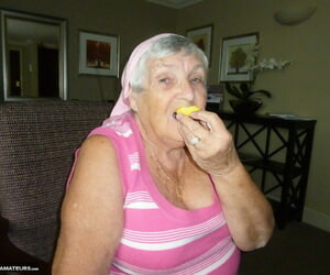 Obese grandmother licks the brush own nipples painless she strips naked in living room
