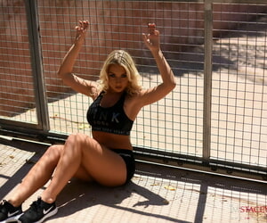 Hot kirmess feminine Stacey Robyn removes her big pair non-native sports bra out of doors