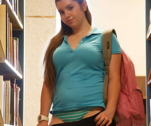 Elegant nerdy teen Monica flashes their way penurious be absent from pussy relative to the library