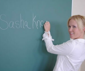 Pigtailed blonde schoolgirl Sasha Knox flaunts cute contraband on touching hot panty upskirt