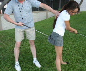 Defiant tiny sweeping Jazlin Diaz pleasuring golf instructor in chum around with annoy locker courtyard