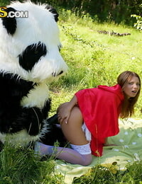 Teen girl Madelyn gets banged by a Panda in Little Red Riding Hood attire