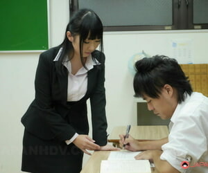Asian teacher with big tits Michiru Ogawa gets her hairy pussy stuffed deeply
