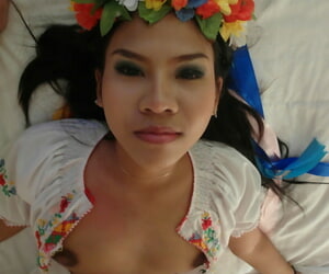 Asian chick Aziza replaces flowers on the top of her head with cum on the top of her pussy