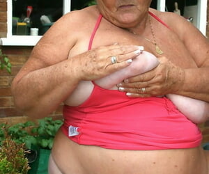 Obese oma Grandma Libby licks a nipple at the conversancy say no to chubby pain in the neck on a patio