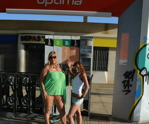 Thick dilettante Nude Chrissy exposes her Bristols and butt at a gas station
