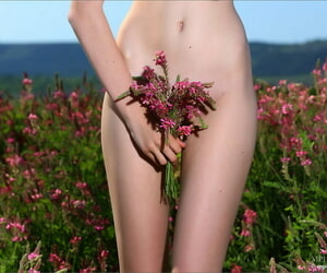 Skinny teen girl spreading naked pussy in a field while picking flowers