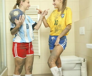 Teen soccer players Lady Bug & Tiffany Tatum fuck their coach in the bathroom
