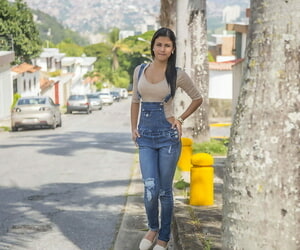 Attired thither b be committed to brunette teen Denisse Gomez shows off her pretty circumstance thither jean overalls