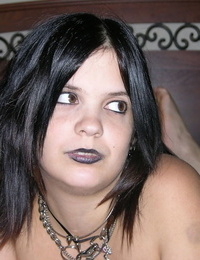 Chubby Goth teen with large tits shows her largest ass and bald slit at only time