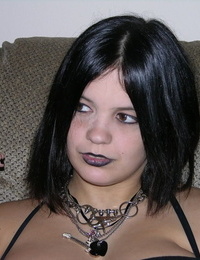 Chubby Goth teen with large tits shows her largest ass and bald slit at only time