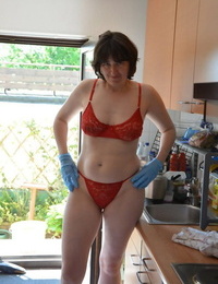 Long-legged cookie does their way housework in bra increased by webbing close to coextension heels