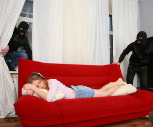 Petite girl Grace gets spit roasted by masked home intruders