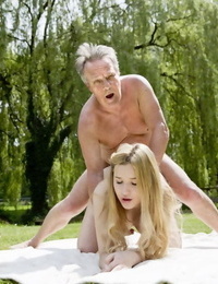 Stunning youthful blond Cherry Bright getting fucked in group by oldman shlong at the park
