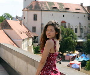 Tiny teen Irene Rouse flashes no panty up skirts while visiting Prague