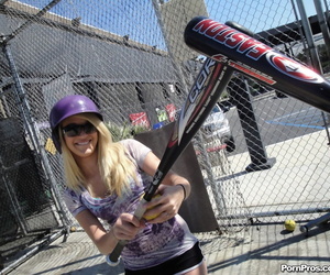 18 year old fair-haired Teagan Summers bangs a huge gumshoe after batting practice