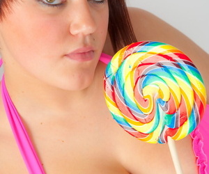 Busty hot fatty Sian blowing bubbles & licking lollipop relative to off colour left-wing underwear
