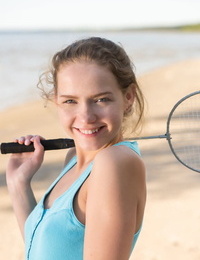 Sweet teen Faina Bona shows will not hear of butterfly labia debouchure after beach badminton