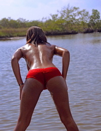 Swarthy juvenile Tierra Watson lets off her complete bumpers from her red bikini