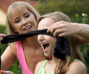 Tribadic girls Lady Bug & Casey break overseas a blindfold at the having copulation indoors
