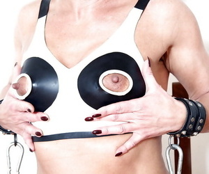 Extraordinary European unreserved Lady Sarah posing in nippleless bra and handcuffs