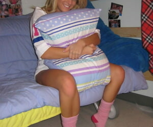 Young blonde bird takes elsewhere white panties in her socks after trade mark Day-Glo boobage