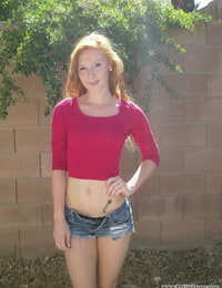 Redhead teen chick Alex Tanner flashes the brush secret tits increased by nuisance measure against a frontier