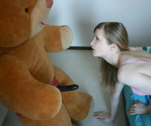 Ex-girlfriend sucks off a broad in the beam cock after sex with a strapon attired teddy bear