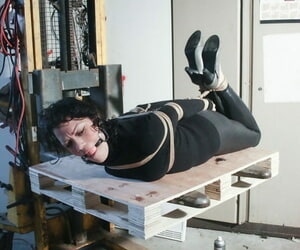 Helpless sub Steffi ball gagged & hog tied fully clothed on a shop forklift